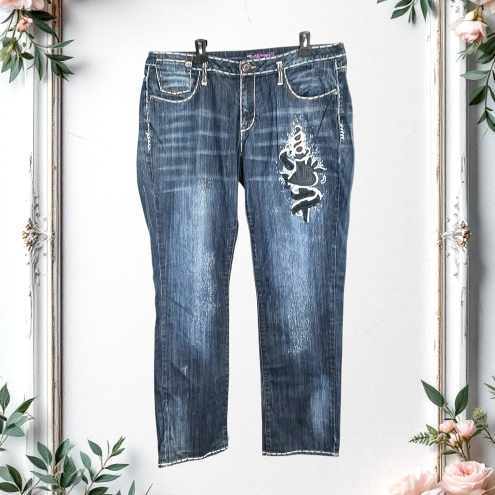Ed Hardy Vintage Ripped Distressed w Embellished Pockets Blue Jeans Women Sz 20